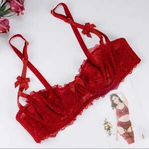 Varsbaby Red Floral Lace Mesh Unlined Balconette Underwire Bra, Sz 40C